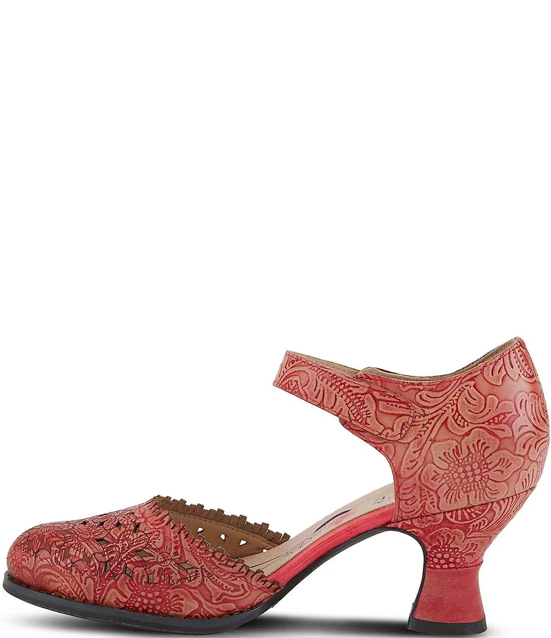 L'ARTISTE Visionary Embossed Laser Cut Leather Ankle Strap Pumps