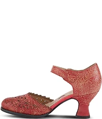 L'ARTISTE Visionary Embossed Laser Cut Leather Ankle Strap Pumps