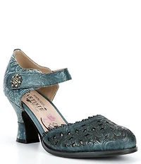 L'ARTISTE Visionary Embossed Laser Cut Leather Ankle Strap Pumps