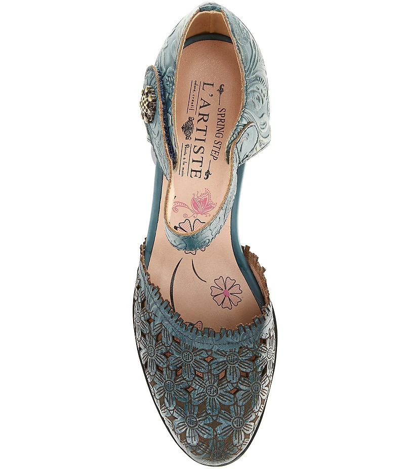 L'ARTISTE Visionary Embossed Laser Cut Leather Ankle Strap Pumps