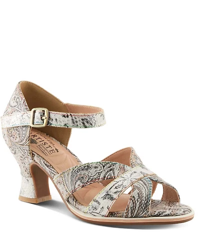 L'ARTISTE Waltz-Fleur Embossed Paisley Leather Dress Sandals