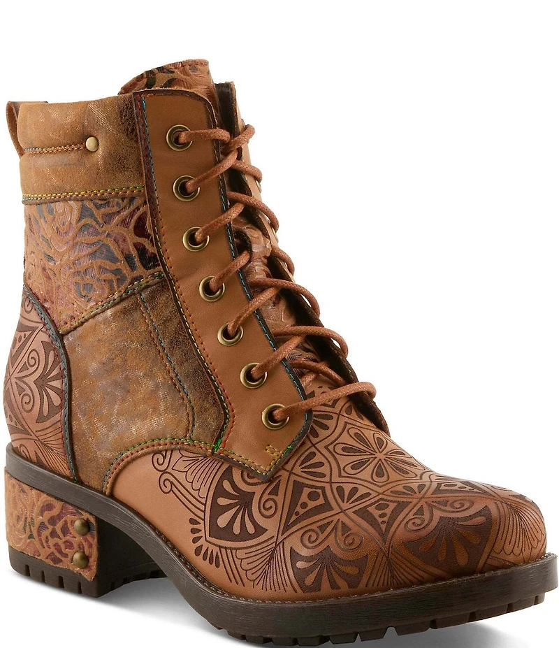 L'ARTISTE Whitefish Leather Embossed Mix Block Heel Booties