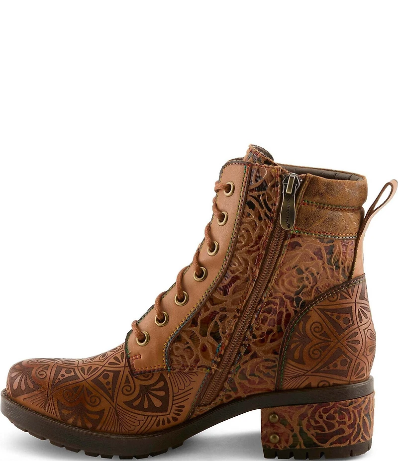 L'ARTISTE Whitefish Leather Embossed Mix Block Heel Booties