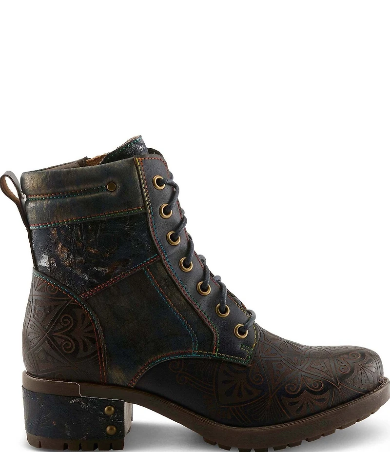 L'ARTISTE Whitefish Leather Embossed Mix Block Heel Booties