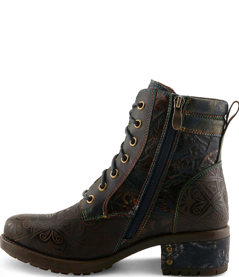 L'ARTISTE Whitefish Leather Embossed Mix Block Heel Booties