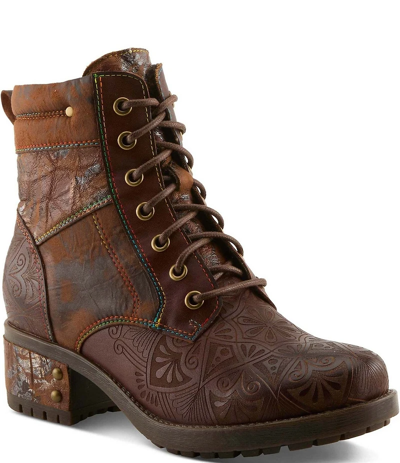 L'ARTISTE Whitefish Leather Embossed Mix Block Heel Booties