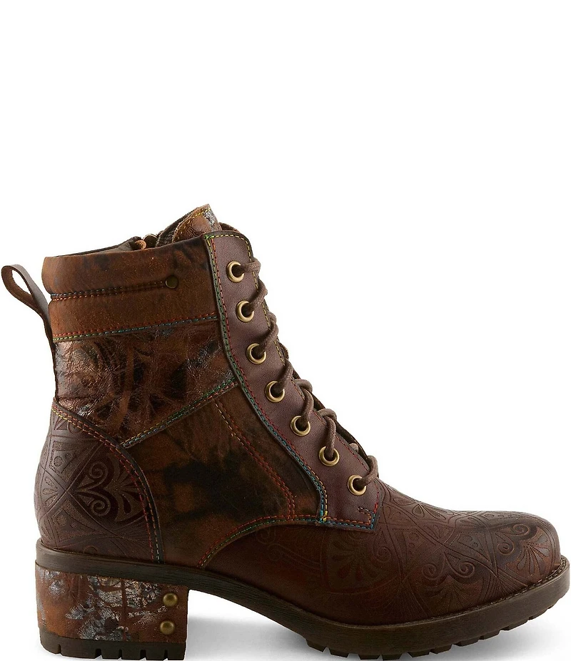 L'ARTISTE Whitefish Leather Embossed Mix Block Heel Booties