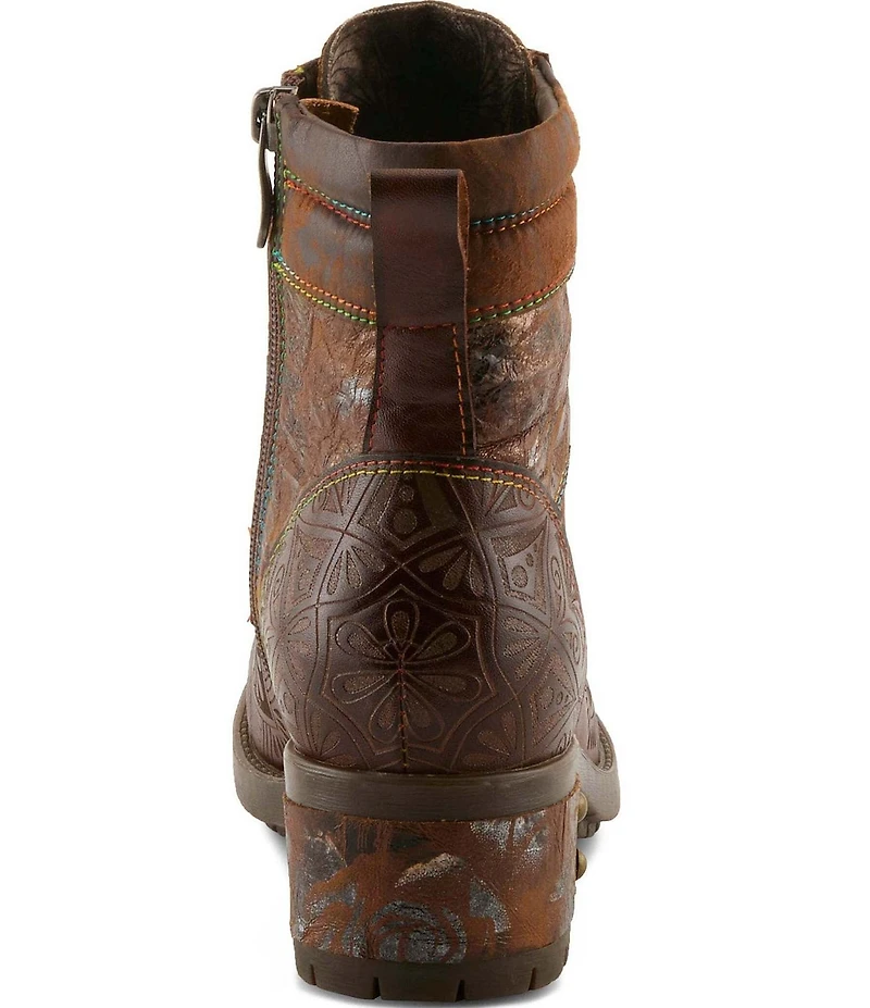 L'ARTISTE Whitefish Leather Embossed Mix Block Heel Booties