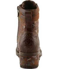 L'ARTISTE Whitefish Leather Embossed Mix Block Heel Booties