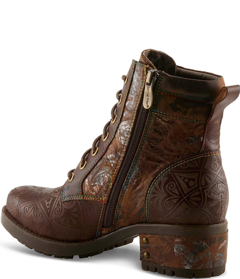 L'ARTISTE Whitefish Leather Embossed Mix Block Heel Booties