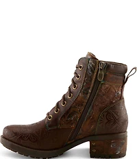 L'ARTISTE Whitefish Leather Embossed Mix Block Heel Booties