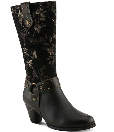 L'ARTISTE Wyoming Leather and Floral Fabric Studded O-Ring Harness Hardware Tall Boots