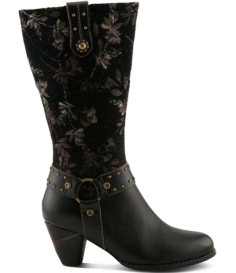 L'ARTISTE Wyoming Leather and Floral Fabric Studded O-Ring Harness Hardware Tall Boots