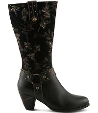L'ARTISTE Wyoming Leather and Floral Fabric Studded O-Ring Harness Hardware Tall Boots