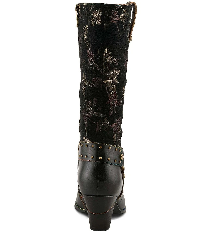 L'ARTISTE Wyoming Leather and Floral Fabric Studded O-Ring Harness Hardware Tall Boots