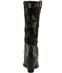 L'ARTISTE Wyoming Leather and Floral Fabric Studded O-Ring Harness Hardware Tall Boots