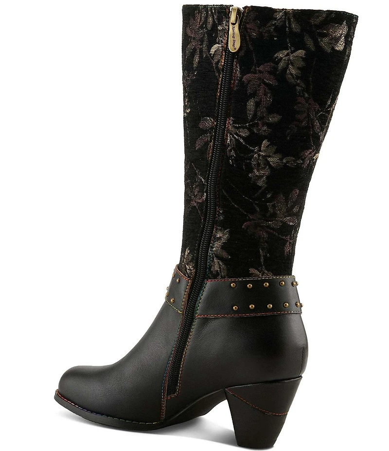 L'ARTISTE Wyoming Leather and Floral Fabric Studded O-Ring Harness Hardware Tall Boots