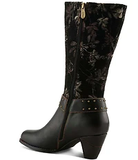 L'ARTISTE Wyoming Leather and Floral Fabric Studded O-Ring Harness Hardware Tall Boots