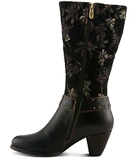 L'ARTISTE Wyoming Leather and Floral Fabric Studded O-Ring Harness Hardware Tall Boots