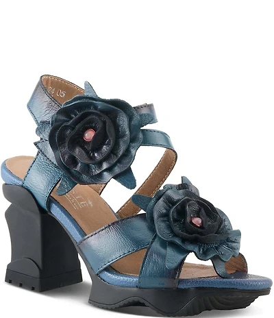 L'ARTSITE Shelly Leather Applique Flowers Sculpted Block Heel Platform Sandals