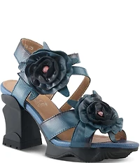 L'ARTSITE Shelly Leather Applique Flowers Sculpted Block Heel Platform Sandals