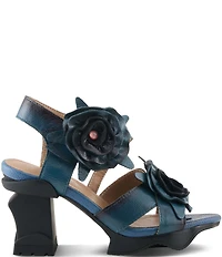 L'ARTSITE Shelly Leather Applique Flowers Sculpted Block Heel Platform Sandals