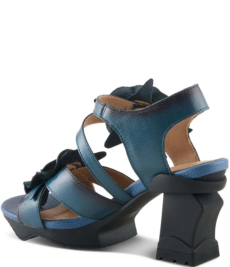 L'ARTSITE Shelly Leather Applique Flowers Sculpted Block Heel Platform Sandals