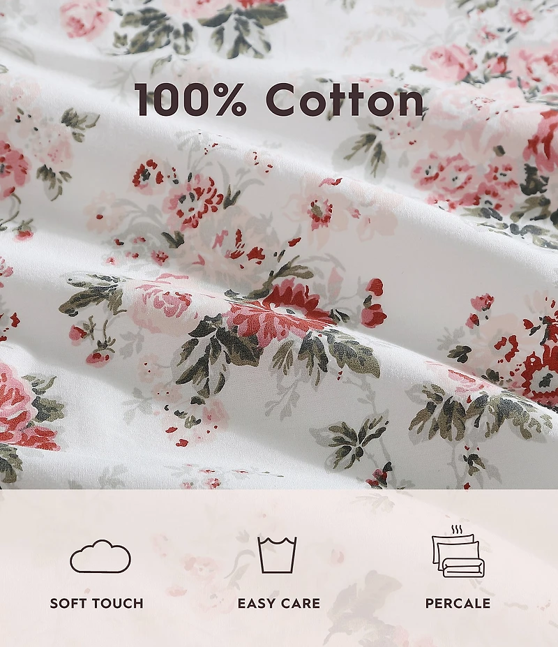 Laura Ashley 200-Thread Count Ashfield Floral Printed Pattern Cotton Percale Sheet Set