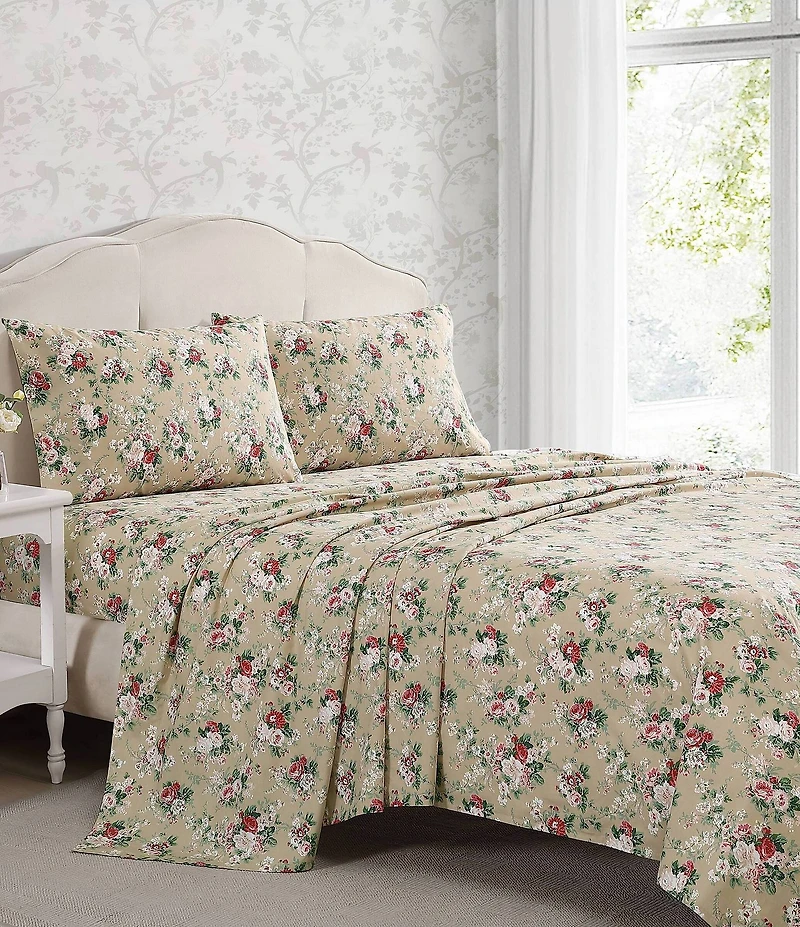Laura Ashley 200-Thread Count Ashfield Floral Printed Pattern Cotton Percale Sheet Set