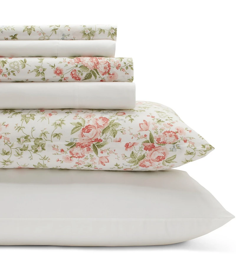 Laura Ashley 200-Thread Count Marissa 6-Piece Floral Printed Pattern Cotton Percale Sheet Set