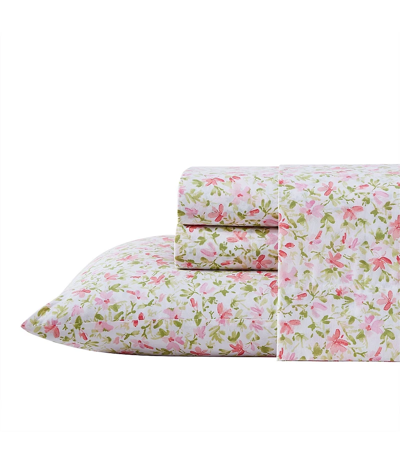 Laura Ashley 200-Thread Count Norella Pink Cotton Percale Sheet Sheet