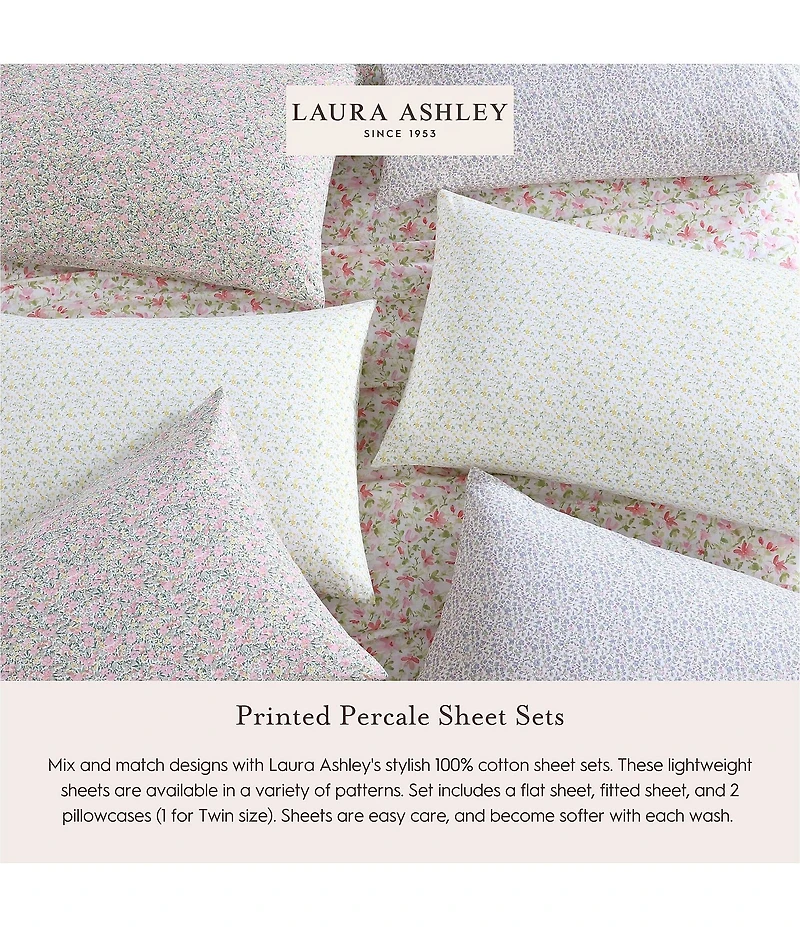 Laura Ashley 200-Thread Count Norella Pink Cotton Percale Sheet Sheet