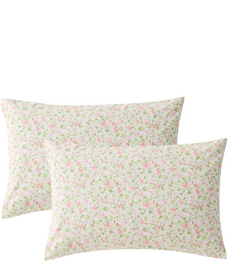Laura Ashley 200-Thread Count Norella Pink Floral Cotton Percale Sheet Sheet