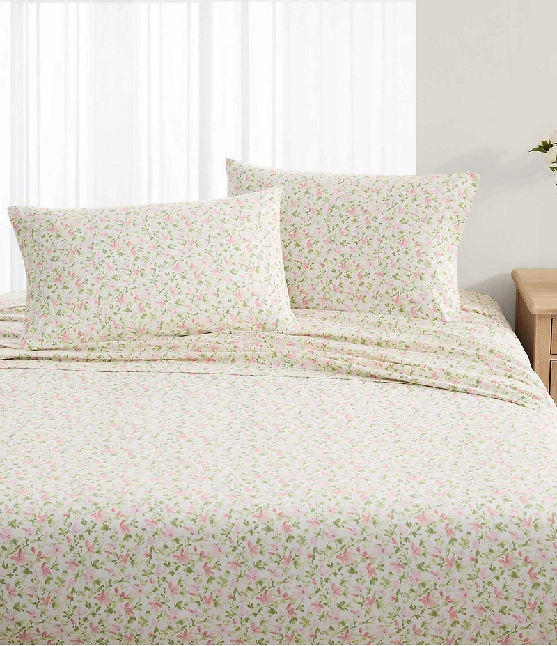 Laura Ashley 200-Thread Count Norella Pink Floral Cotton Percale Sheet Sheet