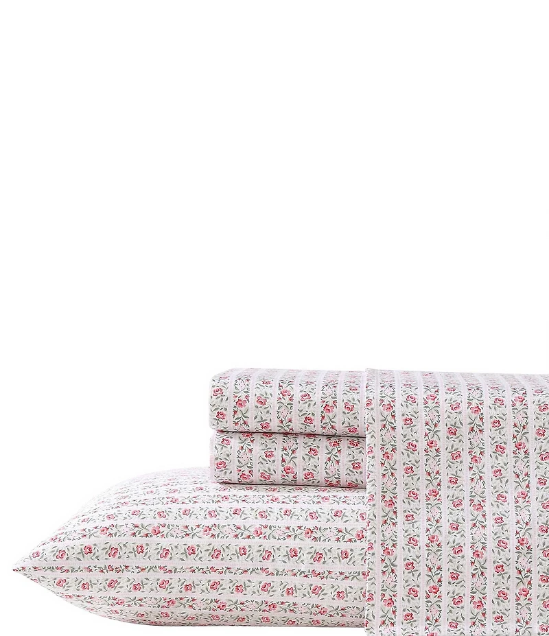 Laura Ashley 300-Thread Count Marta Floral Stripe Cotton Sateen Sheet Set