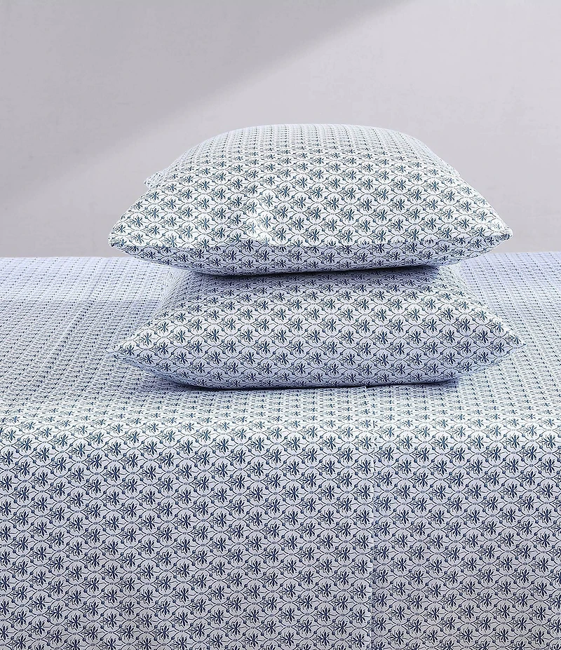 Laura Ashley 300-Thread Count Rosemarie Geometric Blue Cotton Sateen Sheet Set