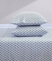 Laura Ashley 300-Thread Count Rosemarie Geometric Blue Cotton Sateen Sheet Set