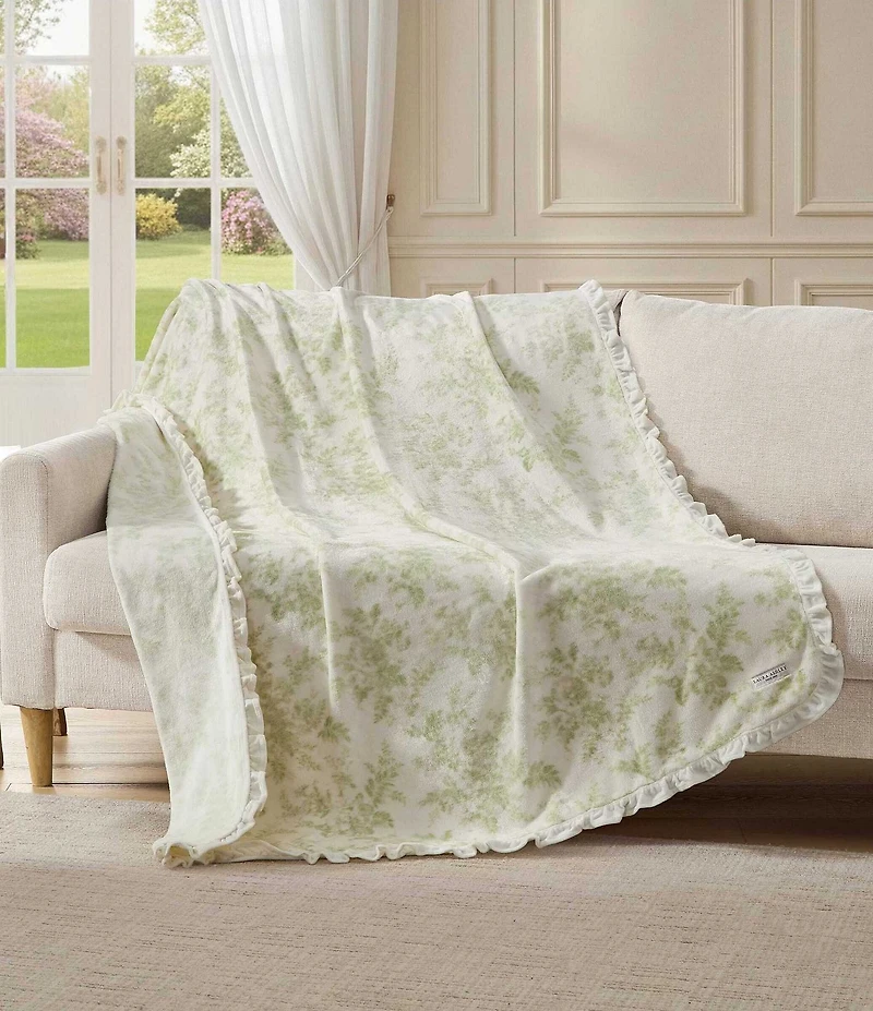 Laura Ashley Annalise Green Leafy Sprigs Ruffled Edge Throw Blanket