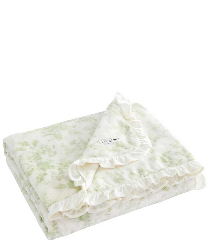 Laura Ashley Annalise Green Leafy Sprigs Ruffled Edge Throw Blanket