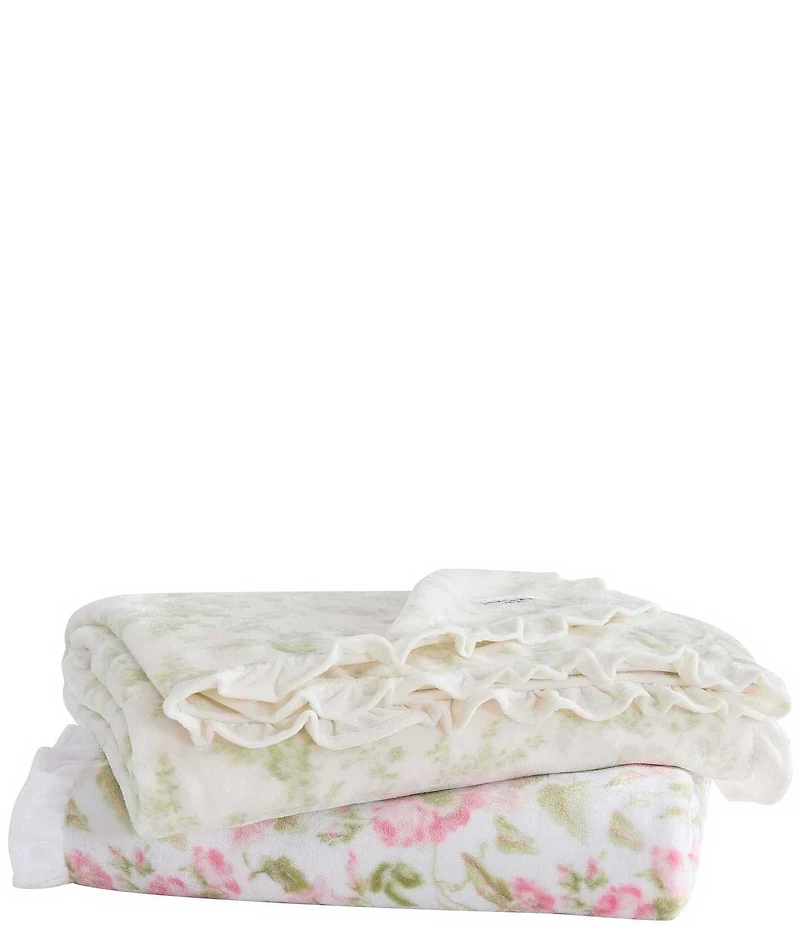 Laura Ashley Annalise Green Leafy Sprigs Ruffled Edge Throw Blanket