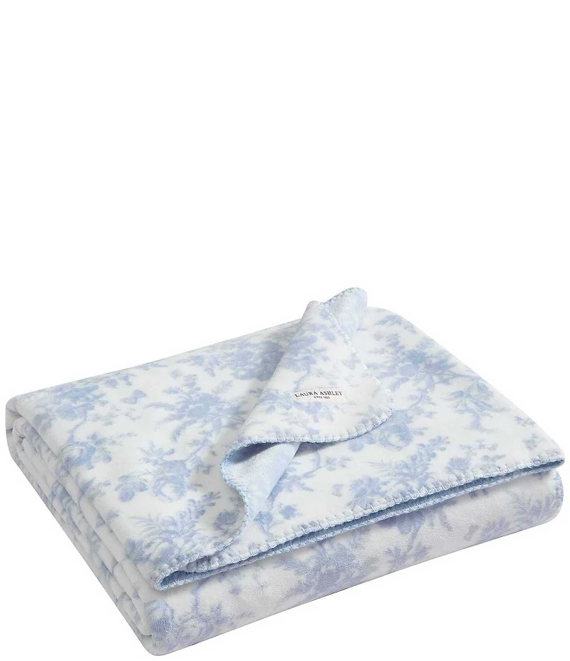 Laura Ashley Bedford Printed Plush Blue Reversible Throw Blanket