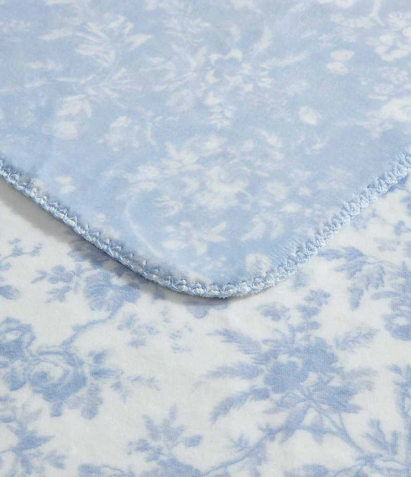 Laura Ashley Bedford Printed Plush Blue Reversible Throw Blanket