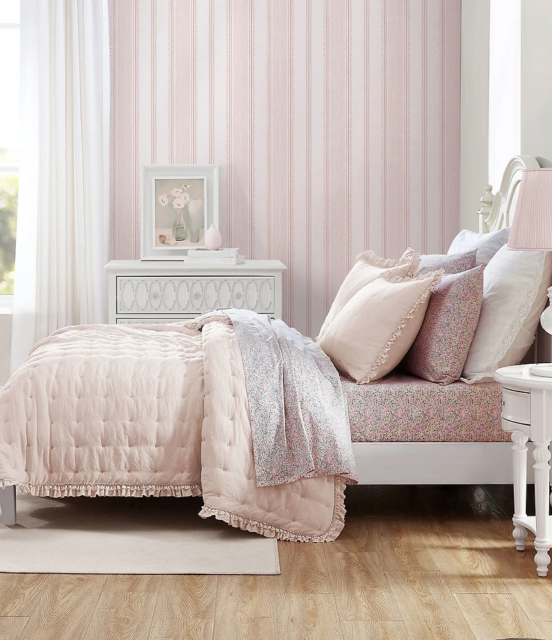 Laura Ashley Hailee Embroidered Dot Pink Ruffled Quilt Mini Set