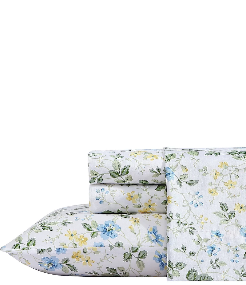 Laura Ashley Meadow Floral Blue 300-Thread Count Cotton Sateen Sheet Set