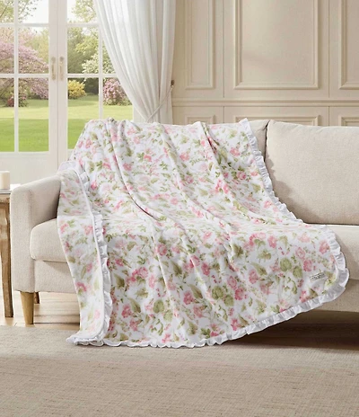Laura Ashley Morning Gloria Pink Ruffled Edge Throw Blanket