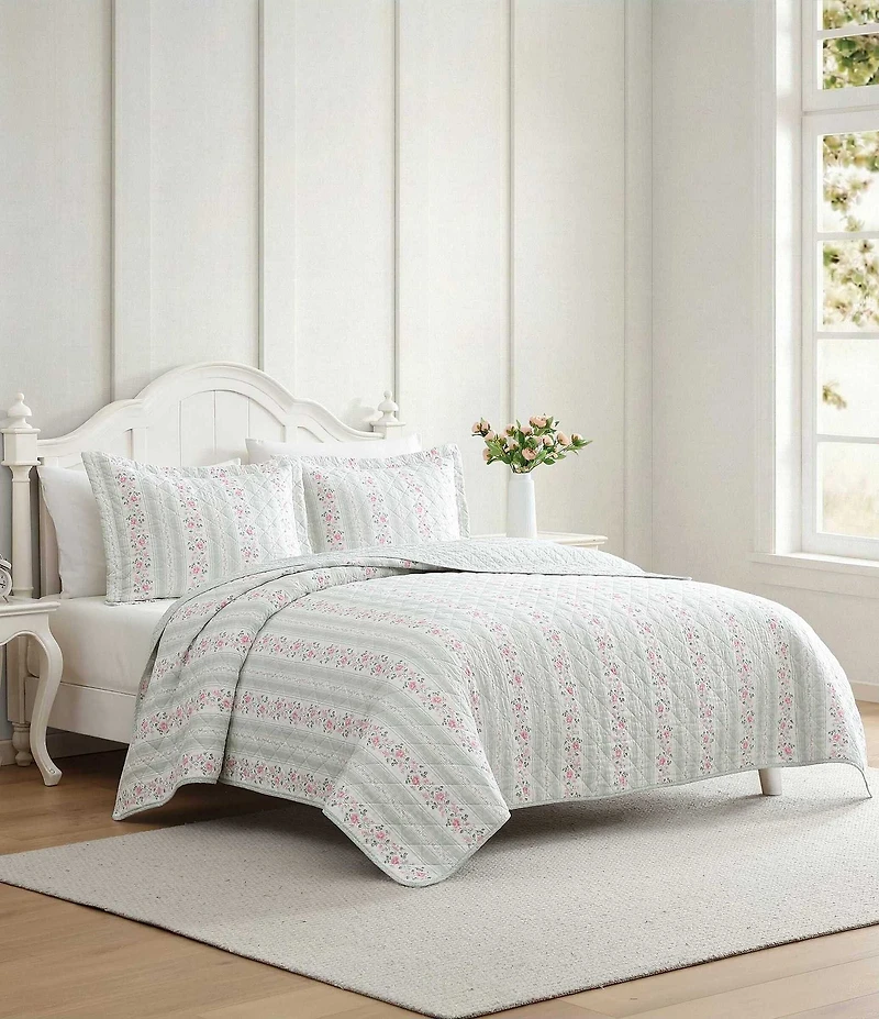 Laura Ashley Rosebud Stripe Cotton Reversible Quilt Mini Set