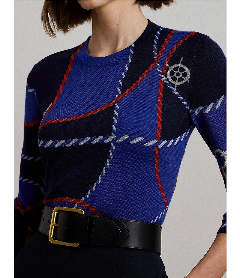 Lauren Ralph Cotton Blend Rope Print Crew Neck Long Sleeve Sweater