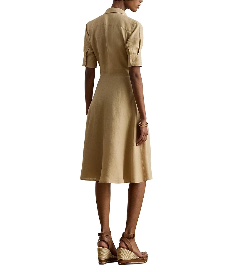 Lauren Ralph Laure Linen Point Collar Elbow Length Sleeve Fit And Flare Shirt Dress