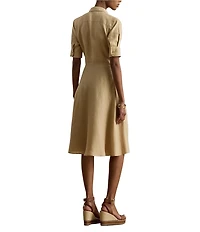 Lauren Ralph Laure Linen Point Collar Elbow Length Sleeve Fit And Flare Shirt Dress