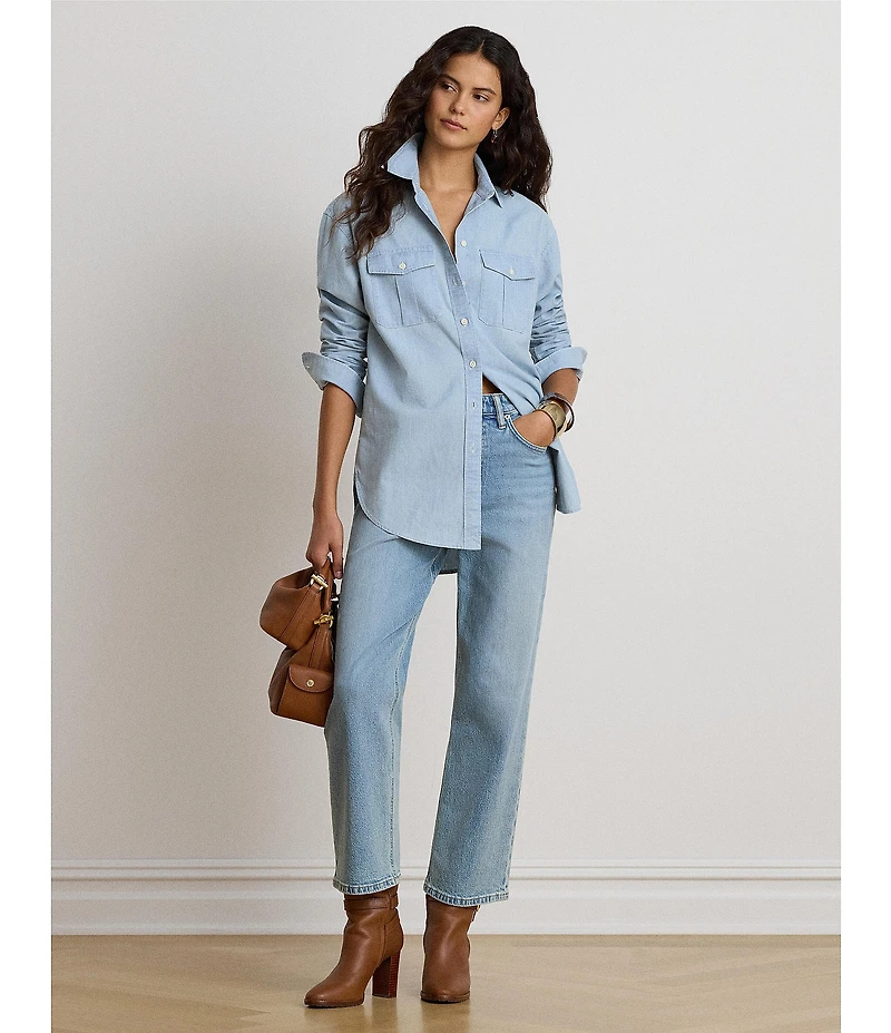 Lauren Ralph Lauren Chambray Point Collar Long Sleeve Shirt